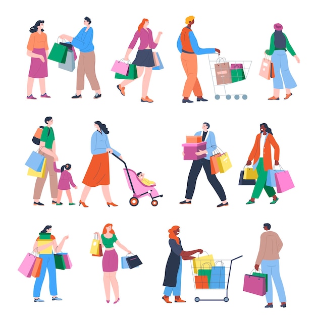 Vector shopping people with bags hobby or leisure time