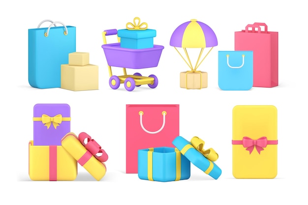 Shopping promo special offer gift box present supermarket commercial set 3d icon realistic vector