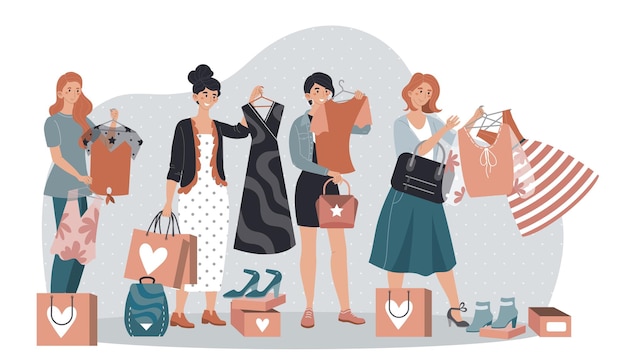 할인 가격 벡터 삽화로 옷을 사는 여성 패션 매장 사람들의 쇼핑 판매 캠페인