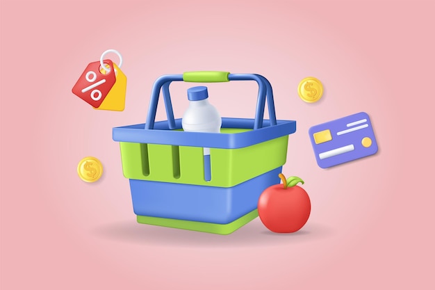 쇼핑 판매 개념 3D 그림 식품 신용 카드가 있는 슈퍼마켓 바구니가 있는 아이콘 구성