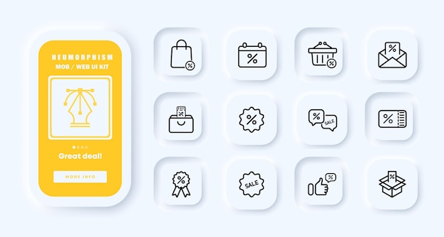 Shopping set icon Shield protection money magnifying glass product search star favorite Purchase concept Neomorphism UI phone app screens Vector line icon for Business and Advertising