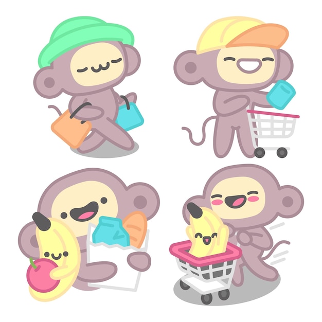 Shopping stickers collection with monkey and banana