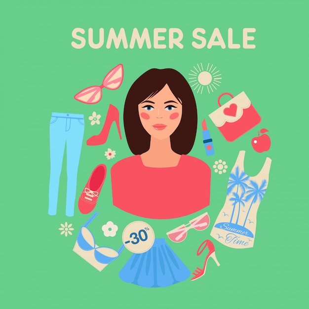 Shopping summer sale in flat design with woman