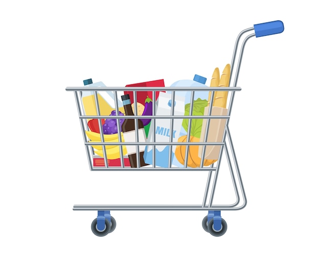 Vector shopping supermarket cart full of items