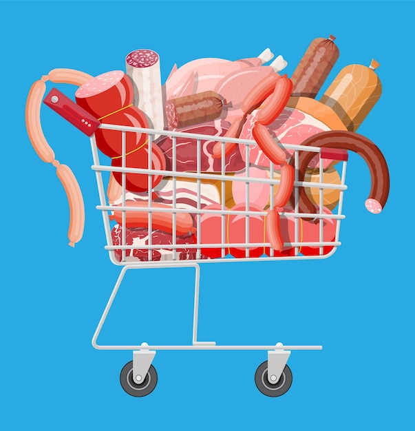 Shopping supermarket cart full of meat