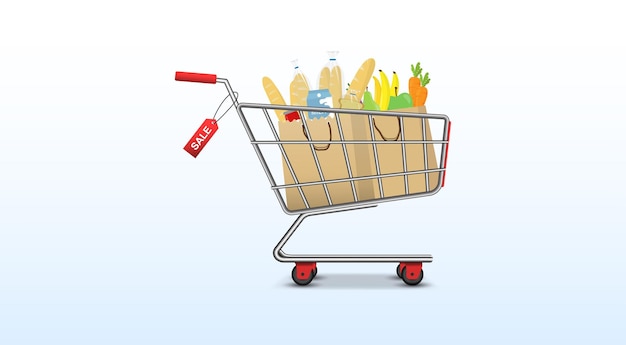 Shopping trolley and basket of food from grocery purchases with sale sign
