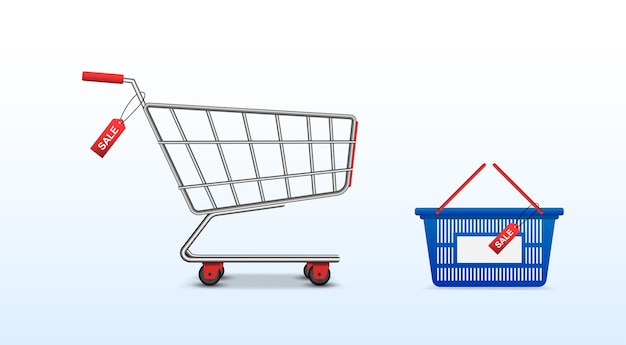 売り切れのサイン付きの食料品の買い物車と食料品バスケット