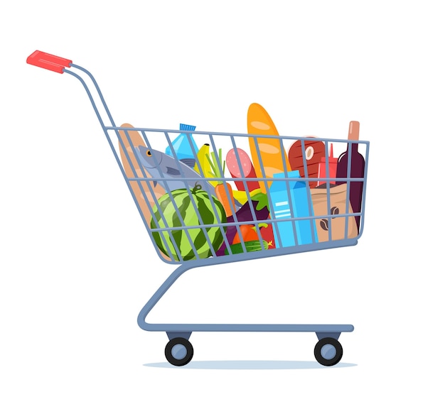 Shopping trolley full of food fruit products grocery goods\
grocery shopping cart