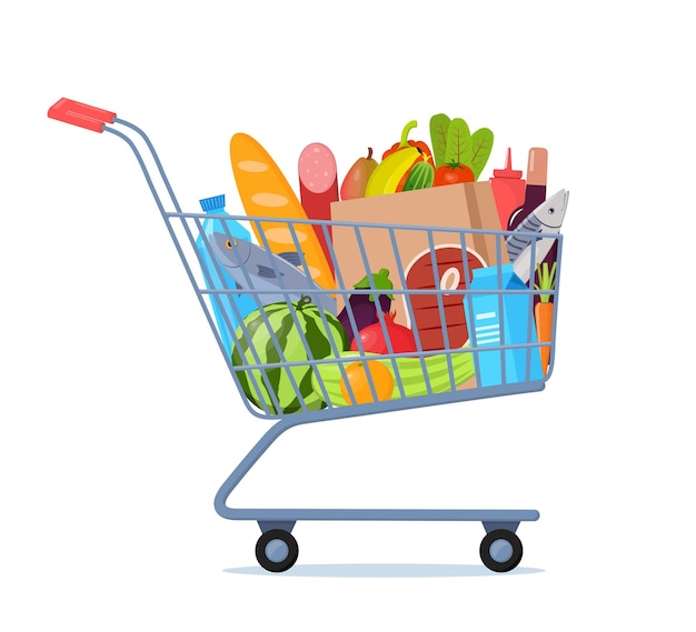 Shopping trolley full of food fruit products grocery goods\
grocery shopping cart