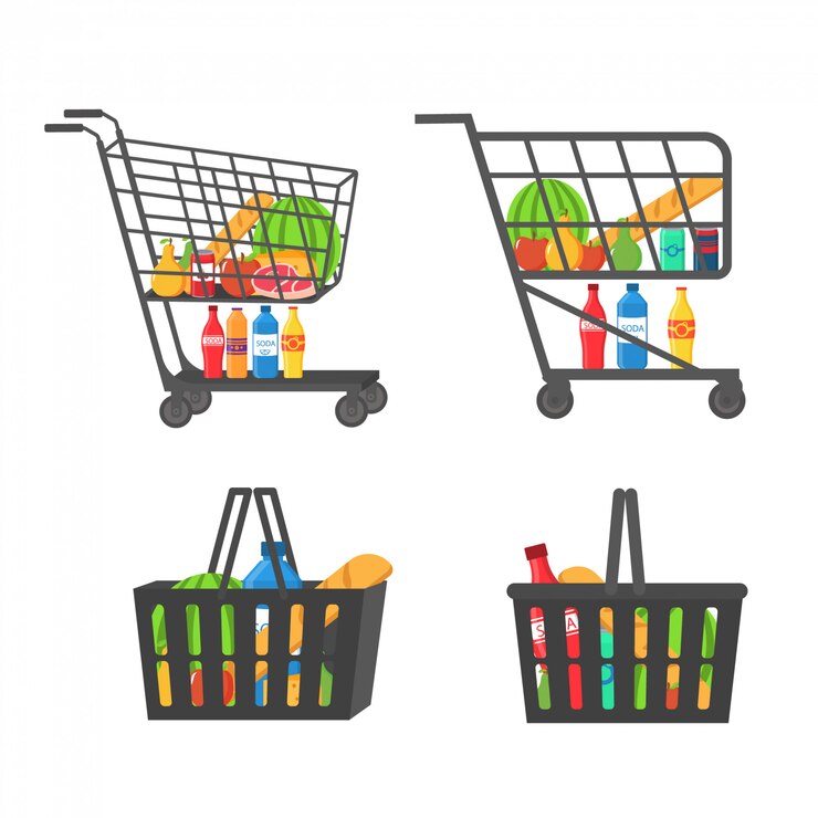 Вектор тележка для покупок полна продуктов питания, фруктов, продуктов и продуктовых товаров. корзина для покупок со свежими продуктами и напитками. продуктовый магазин, супермаркет. набор свежих, здоровых и натуральных продуктов. ,
