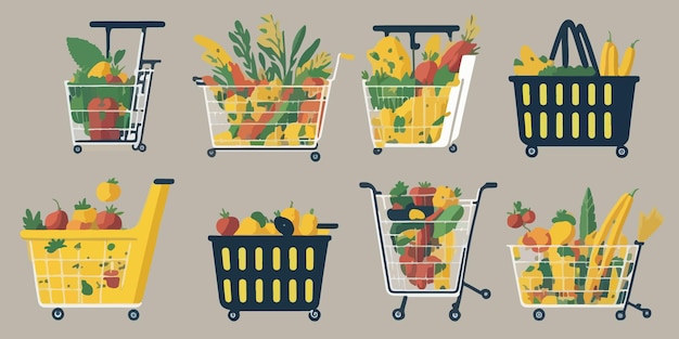 Vector shopping trolley full of food fruit products and grocery goods