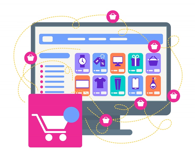 Vector shopping trolley stand at big computer monitor