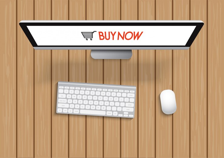 Vector shopping with computer and screen buy now on wooden table. concept online shopping.