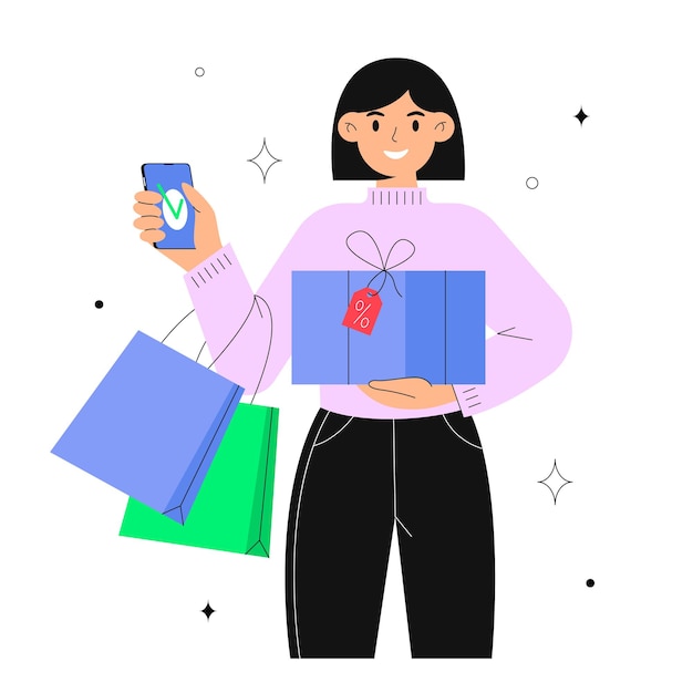 Shopping donna acquista regali online in negozio tramite l'applicazione mobile concetto di sconto vendita