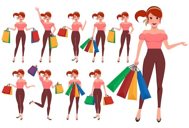 Vector shopping woman vector character set girl cartoon character holding shopping bags