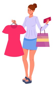 赤い​ドレス​を​着た​買い物​の​女性​衣料品​の​購入​幸せな​顧客