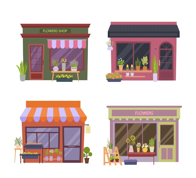 Shops on street retail boutique for flowers bakery products urban coffee and little stores outdoor exteriors vector building in flat style