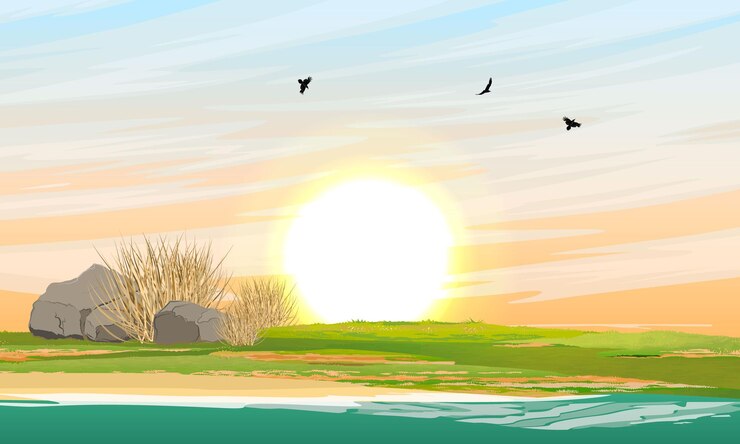 The shore of the reservoir at sunset Realistic vector landscape