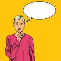 Vector short blonde haired woman with finger in her mouth pop art cartoon