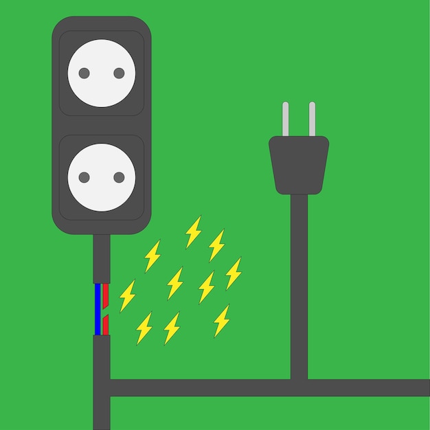 Вектор Короткое замыкание. неисправная розетка. проблемы с проводкой, опасное электричество. оголенные провода, поражение электрическим током