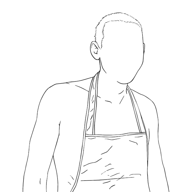 Short hair man wearing cooking apron doodle linear cartoon