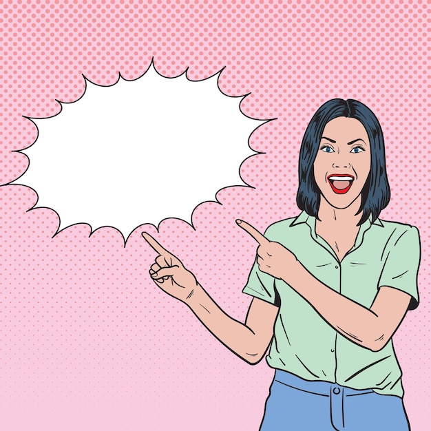 short haired woman excitingly points out bubble speech pop art cartoon