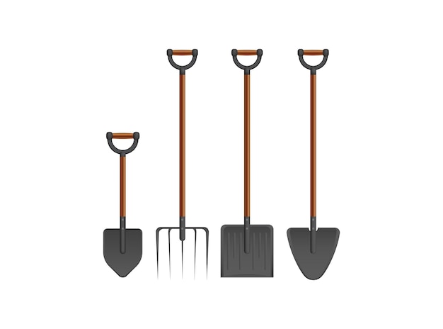 Short handle shovel and spade is a three color illustration wooden handle and fiberglass handle included realistic style