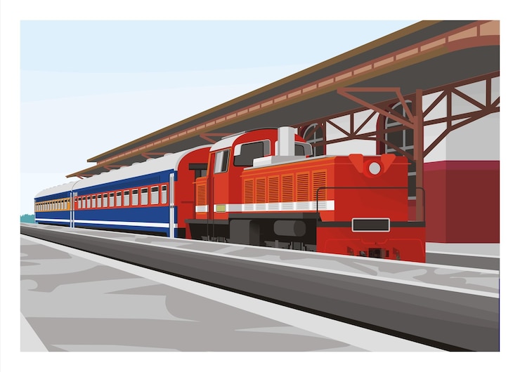 Vector short passenger train arrives in railway station simple flat illustration in perspective view