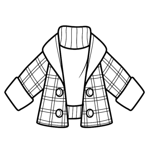 Short plaid pea coat worn over a warm sweater outline for coloring on white background