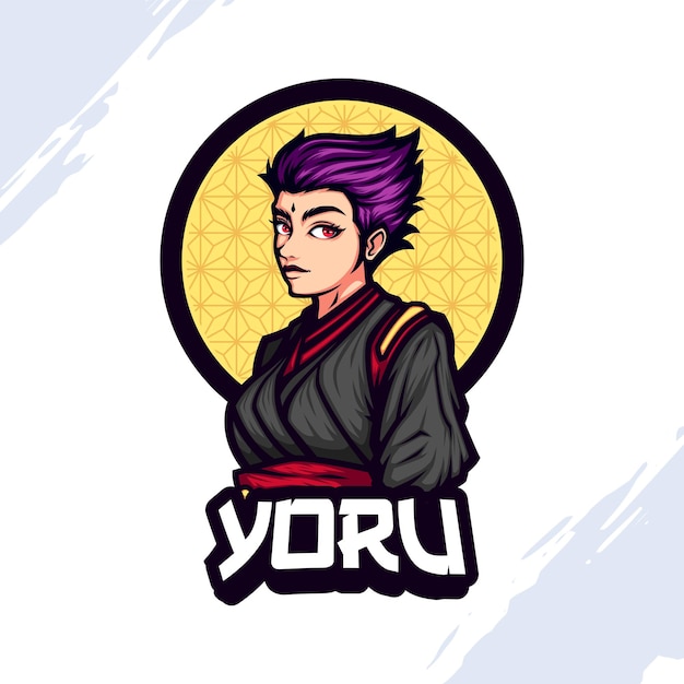 Logo della mascotte shinobi femminile dai capelli corti viola che indossa un abito nero