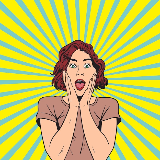 Vector short red haired woman shocked with hands on her cheeks pop art cartoon