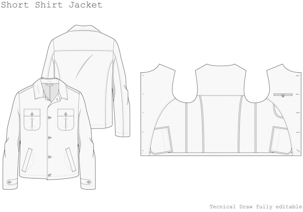 Vettore giacca camicia corta_ disegno tecnico di una giacca con vista interna