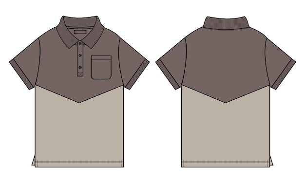 男の子のための半袖ポロシャツカットとステッチフラットスケッチ技術図面ベクトルテンプレート
