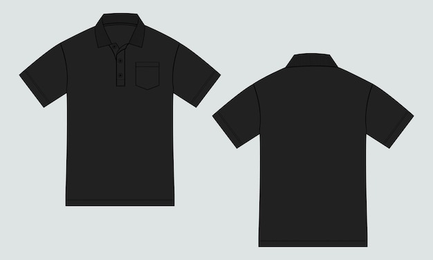 Short sleeve polo shirt flat sketch vector illustration black color template front and back views.