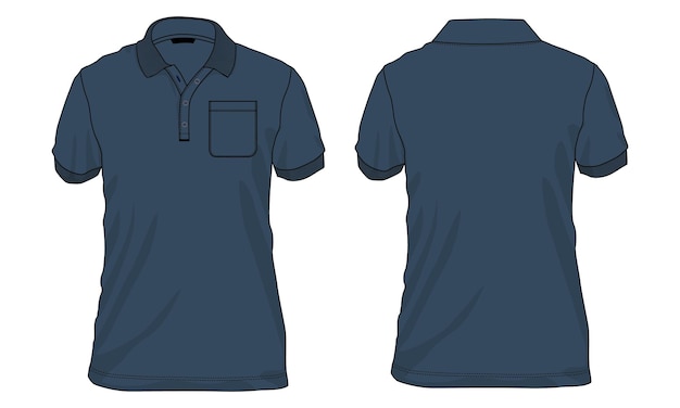 Polo manica corta illustrazione vettoriale modello colore blu navy vista anteriore e posteriore