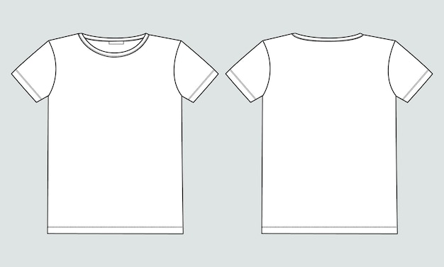 半袖Tシャツテクニカルファッションフラットスケッチベクトルイラストテンプレート正面図と背面図