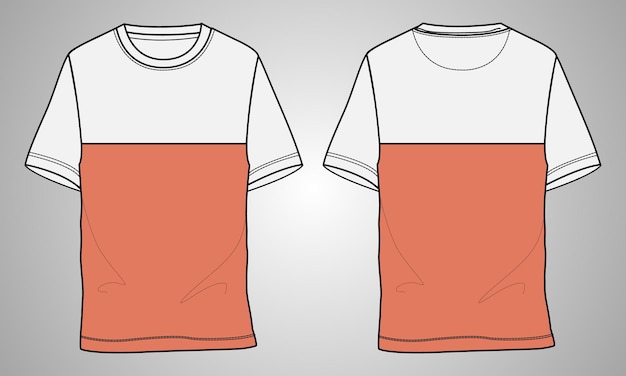 Шаблон векторной иллюстрации футболки с коротким рукавом с вырезом на груди и шитьем