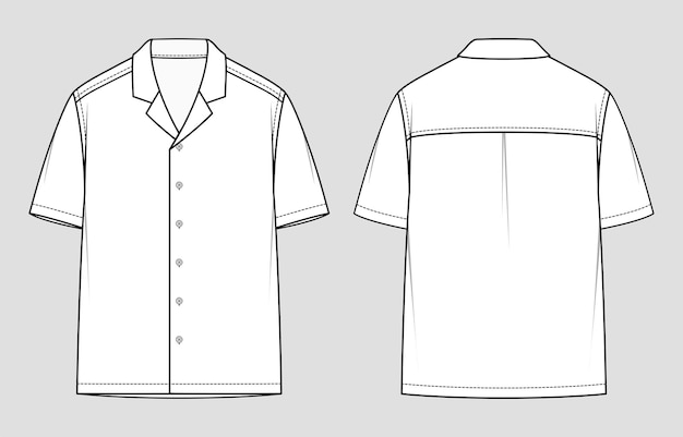 Short sleeved mens resort shirt Vector illustration Flat technical drawing Mockup template