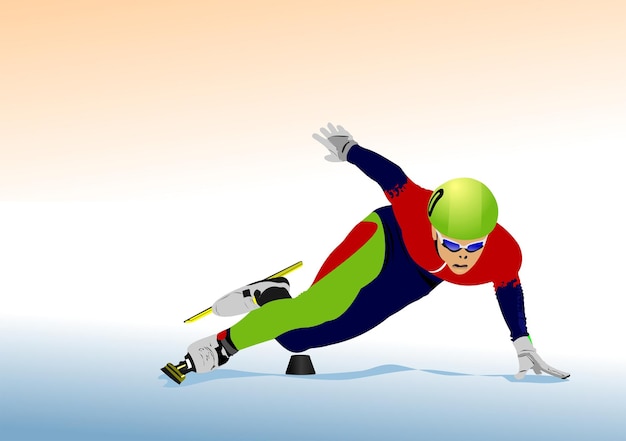 Short track speed skater performing cornering technique using special skates and protective gear during competition or training