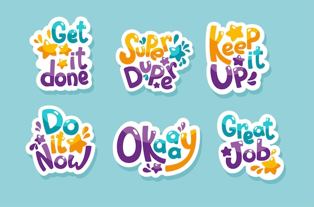 Vector shorts motivational phrases stickers hand drawing set