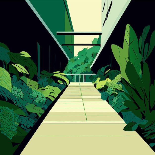 Vector shot of a concrete pathway with green plants on the sides vector illustration