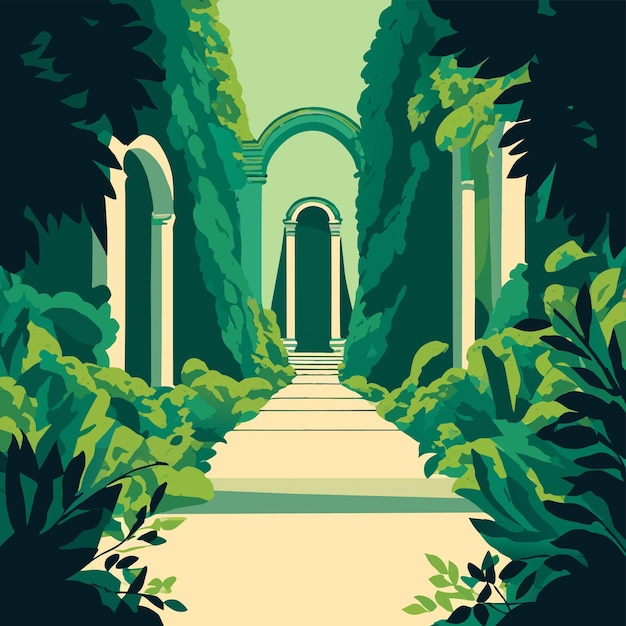 Vector shot of a concrete pathway with green plants on the sides vector illustration