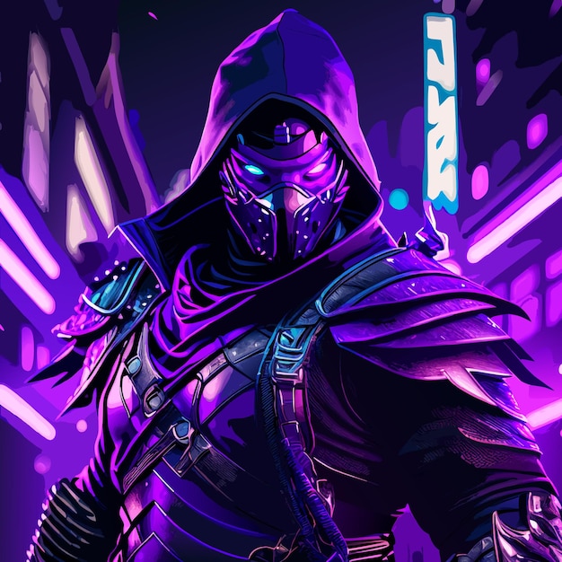 Shot of a ninja mask night city detailed symmetries all black purple blue color