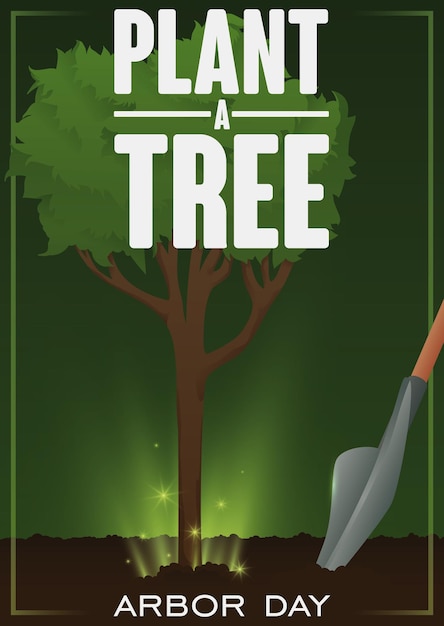 Vector shovel and a beautiful tree sapling growing up in fertile soil with some glows promoting arbor day