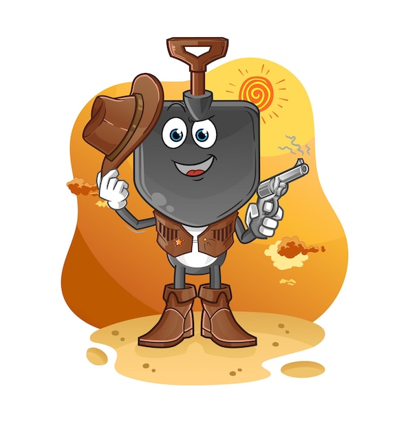 Shovel head cartoon cowboy with gun character vector