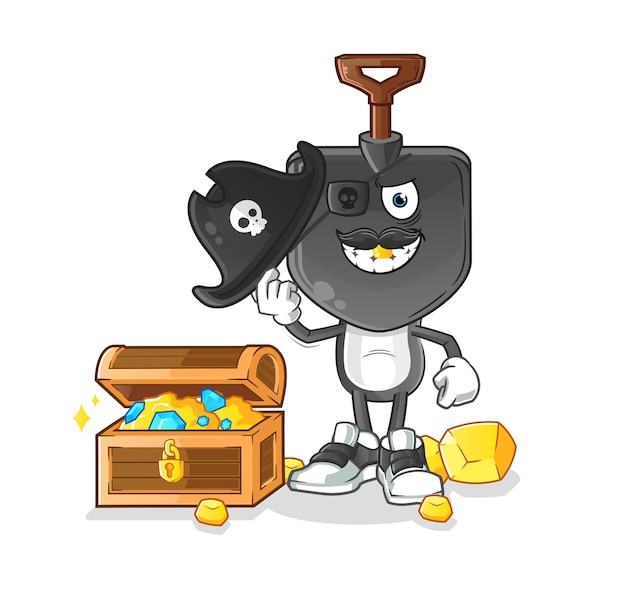 Shovel head cartoon pirate with treasure mascot. cartoon vector