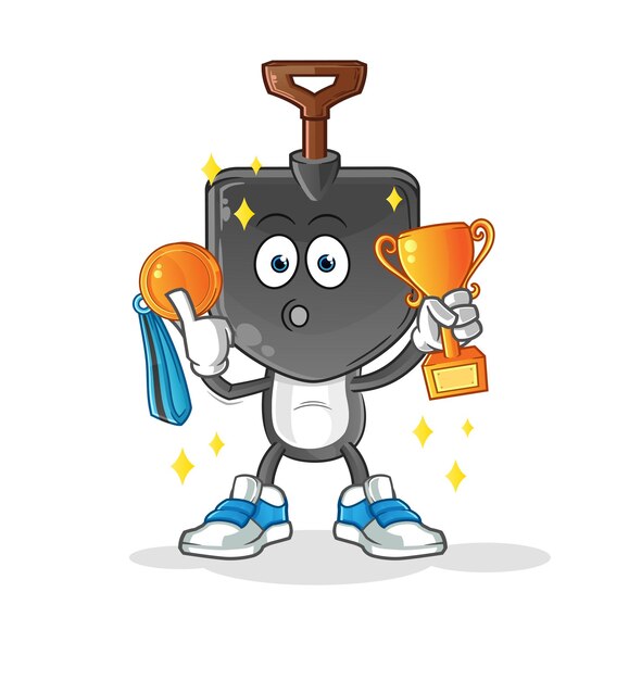 shovel head cartoon winner with trophie. cartoon character
