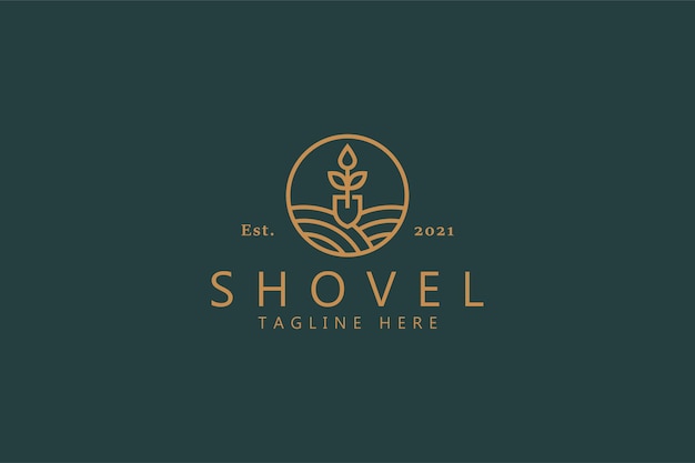 Shovel Natural Leaf Logo. Premium Badge Brand Identity Design Template.
