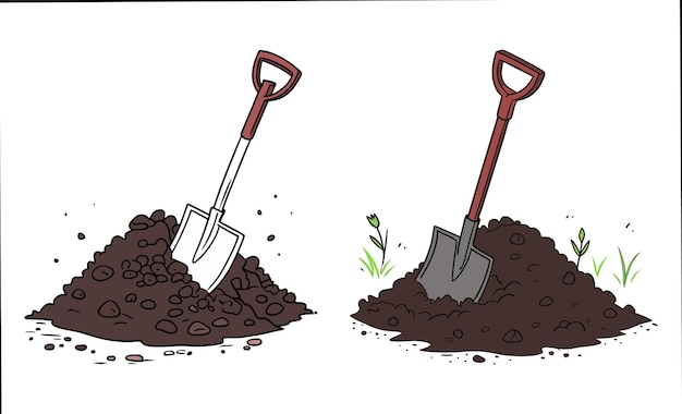 A shovel in a pile of soil shovel and spade set of shovel