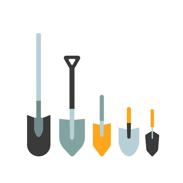 Лопата лопаты векторные иллюстрации набор плоский стиль садовые ручные лопаты, изолированные на белом фоне садовый инструмент оборудование для фермы летней утвари
